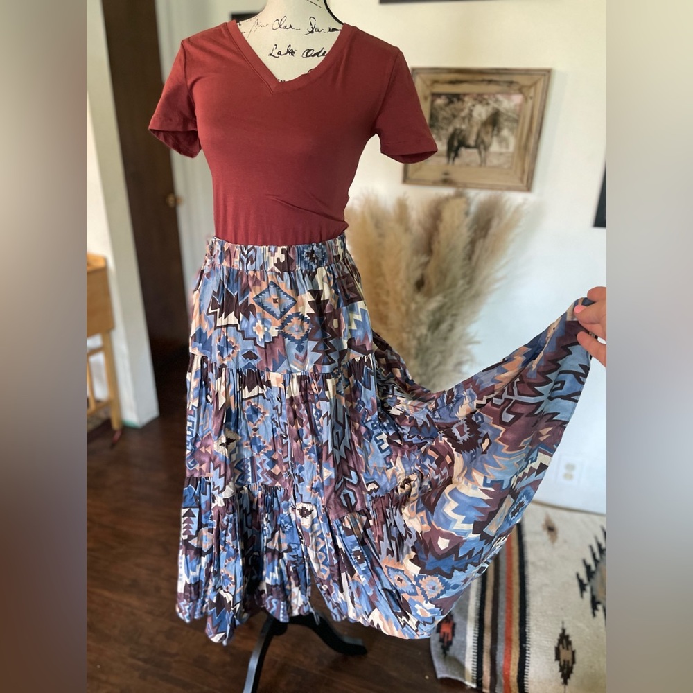 Vintage Aztec Western Tiered Maxi Skirt Pearl Snaps